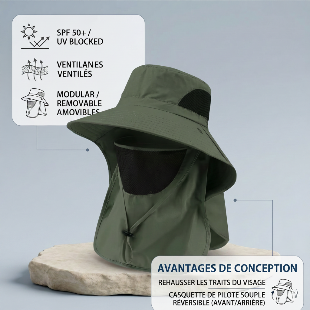 Chapeau Bouclier Solaire — Protection UV50+ Visage & Cou